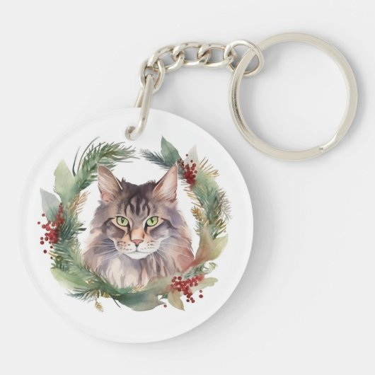 Maine Coon Kat Kerstkrans Feestelijke Kitten Sleutelhanger (Achterkant)