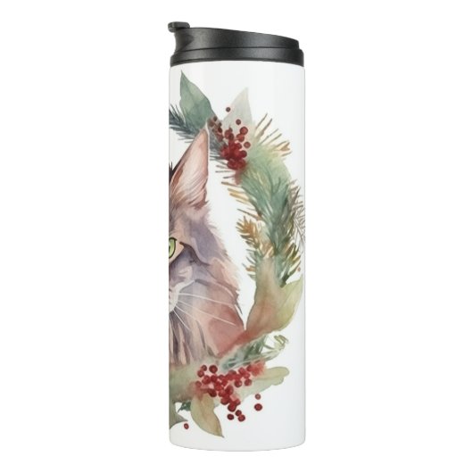 Maine Coon Kat Kerstkrans Feestelijke Kitten Thermosbeker (Geroteerd rechts)