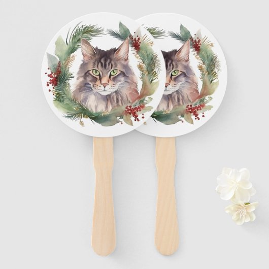 Maine Coon Kat Kerstkrans Festieve Kitten Handwaaier (Voorkant en achterkant)