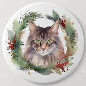 Maine Coon kat Kerstkrans Festieve Kitten Ronde Button 6,0 Cm (Voorkant)