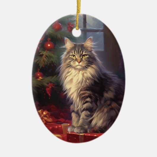 Maine Coon kat Kerstmis Keramisch Ornament (Voorkant)