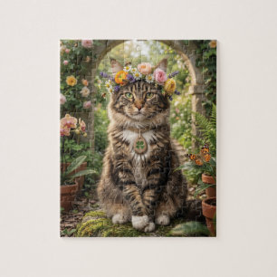 Maine Coon Kat met Bloemenkrans in een Tuin Legpuzzel