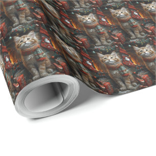 Maine Coon Kat Met Kerstcadeaus Haard Cadeaupapier