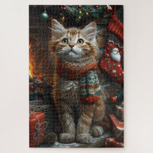 Maine Coon Kat Met Kerstcadeaus Haard Legpuzzel