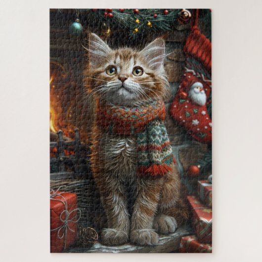 Maine Coon Kat Met Kerstcadeaus Haard Legpuzzel (Verticaal)