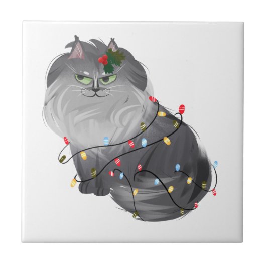 Maine Coon Kat met Kerstversiering Tegeltje (Voorkant)