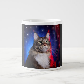 Maine Coon Kat Met Rode Witte Blauwe Aura En Sterr Grote Koffiekop