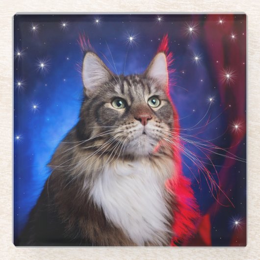 Maine Coon kat met rood wit blauw aura en sterren Glazen Onderzetter (Voorkant)