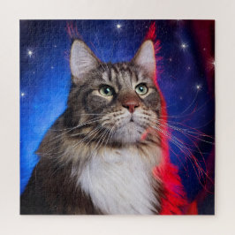Maine Coon kat met rood wit blauw aura en sterren Legpuzzel