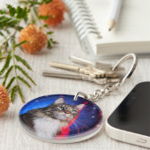 Maine Coon kat met rood wit blauw aura en sterren Sleutelhanger (Voorkant Rechts)