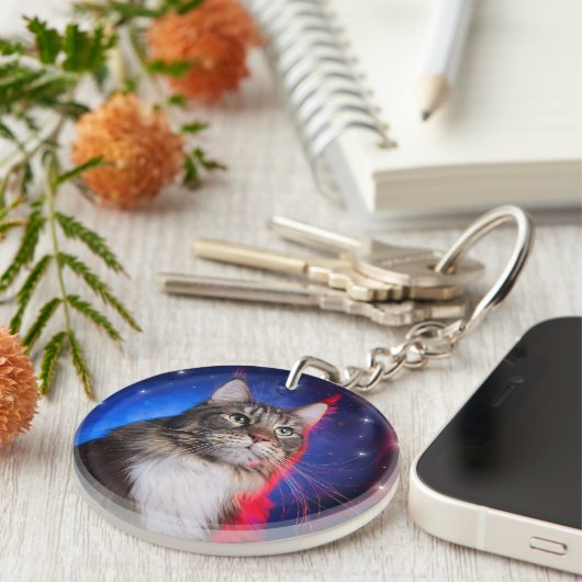 Maine Coon kat met rood wit blauw aura en sterren Sleutelhanger (Voorkant Rechts)