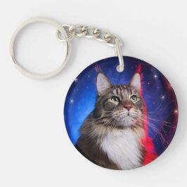 Maine Coon kat met rood wit blauw aura en sterren Sleutelhanger