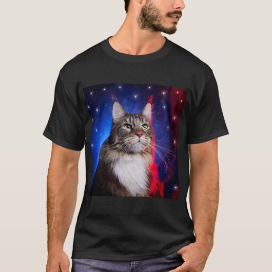 Maine Coon kat met rood wit blauw aura en sterren T-shirt (Voorkant)