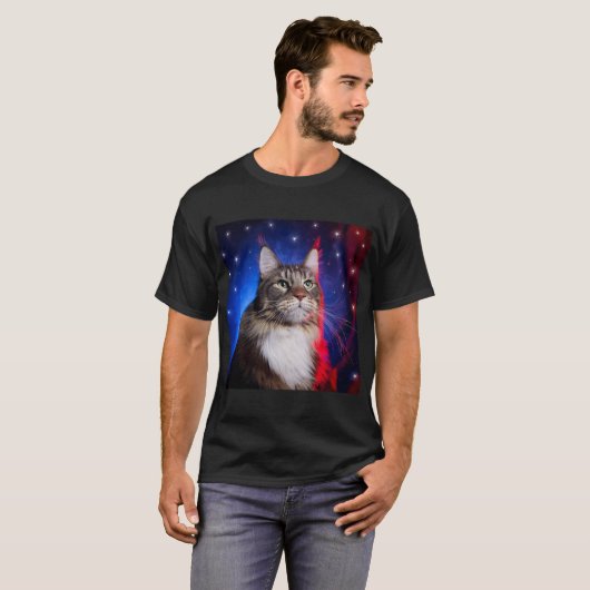 Maine Coon kat met rood wit blauw aura en sterren T-shirt (Voorkant volledig)