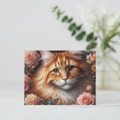 Maine Coon kat met roze bloemen Briefkaart (Staand voorkant)