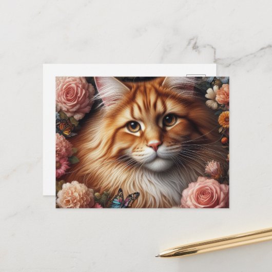 Maine Coon kat met roze bloemen Briefkaart (Voorkant / Achterkant in situ)