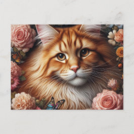 Maine Coon Kat met Roze Bloemen Briefkaart