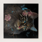 Maine Coon-kat met vlinder en bloemen AI-kunst Legpuzzel (Horizontaal)