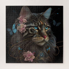 Maine Coon-kat met vlinder en bloemen AI-kunst Legpuzzel