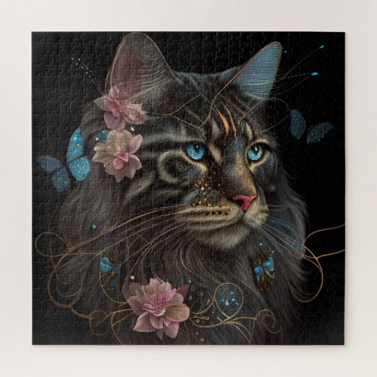 Maine Coon-kat met vlinder en bloemen AI-kunst Legpuzzel (Verticaal)