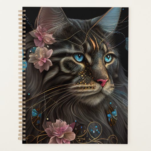 Maine Coon-kat met vlinder en bloemen AI-kunst Planner (Voorkant)