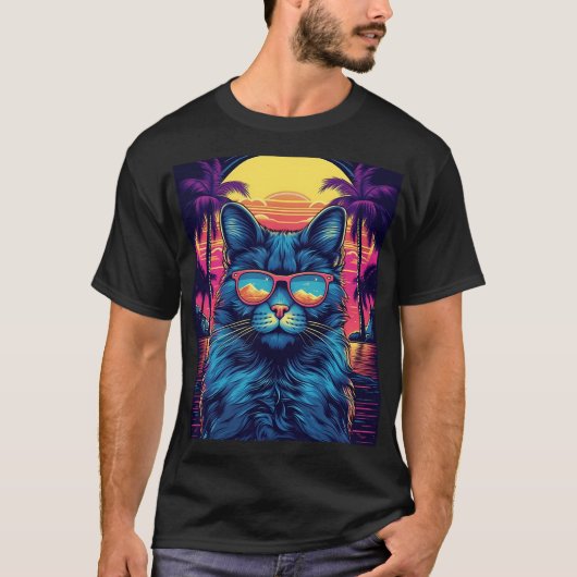 Maine Coon kat met zonnebril op een tropisch stran T-shirt (Voorkant)