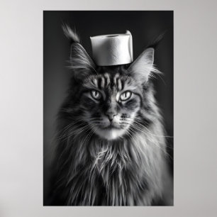 Maine Coon Kat Muur Kunst, Grappige Zwart en Wit Poster