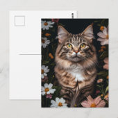 Maine Coon Kat Omgeven Door Bloemen Briefkaart (Voorkant / Achterkant)