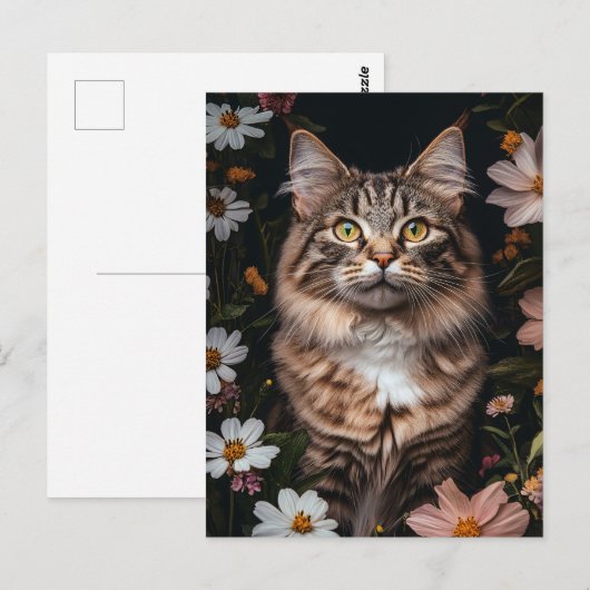 Maine Coon Kat Omgeven Door Bloemen Briefkaart (Voorkant / Achterkant)