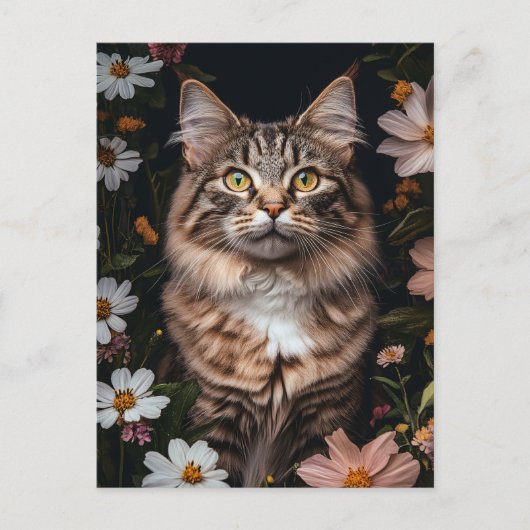 Maine Coon Kat Omgeven Door Bloemen Briefkaart (Voorkant)