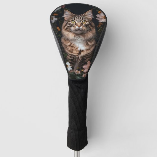 Maine Coon Kat Omgeven Door Bloemen Golfheadcover (Voorkant)