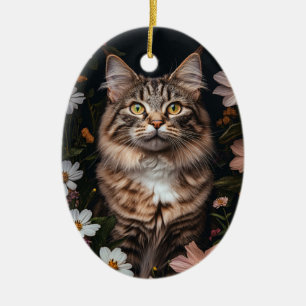 Maine Coon Kat Omgeven Door Bloemen Keramisch Ornament