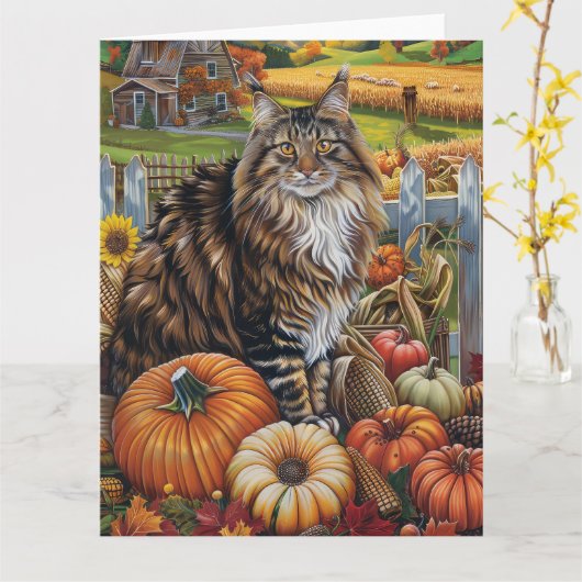 Maine Coon Kat  Oogst van de herfst Thanksgiving Kaart (Gele Bloem)