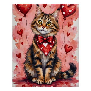 Maine Coon Kat Valentijnsdag Zittend met Harten Ro Perfect Poster