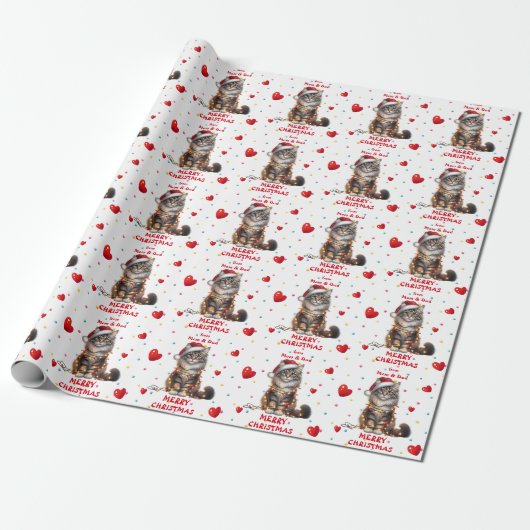 Maine Coon Kat Verpakt in Kerstverlichting Cadeaupapier (Uitgerold)