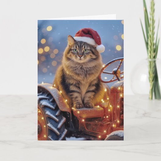 Maine Coon Kerstkat op een Oude Tractor Kaart (Voorkant)