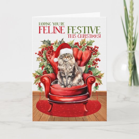 Maine Coon Kerstmis Kat FELINE Feestelijk Feestdagen Kaart (Voorkant)
