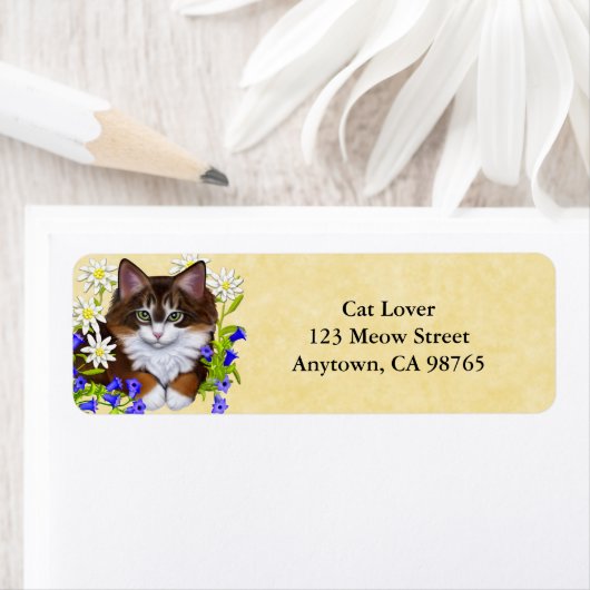 Maine Coon Kitten in Bloemen Adresetiketten Etiket (Insitu)