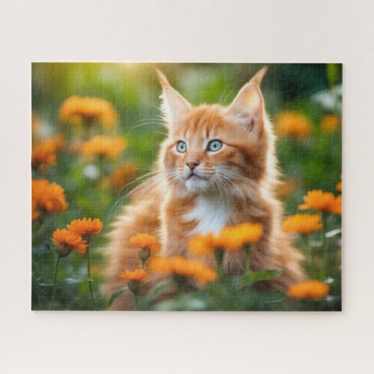 Maine Coon Kitten in een bloemenveld Legpuzzel (Horizontaal)