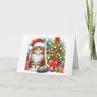 Maine Coon Kitten Zit Bij Kerstboom Feestdagen Kaart