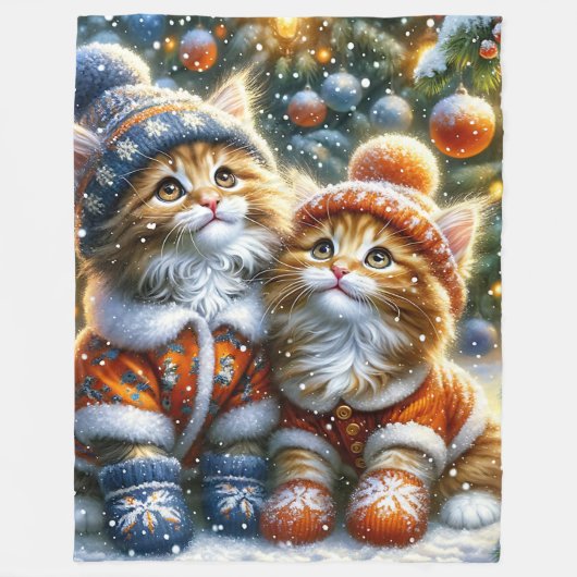 Maine Coon Kittens eerste kerstsneeuwval Fleece Deken (Voorkant)