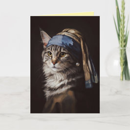 Maine Coon met een Parel Oorbel Wenskaart Feestdagen Kaart