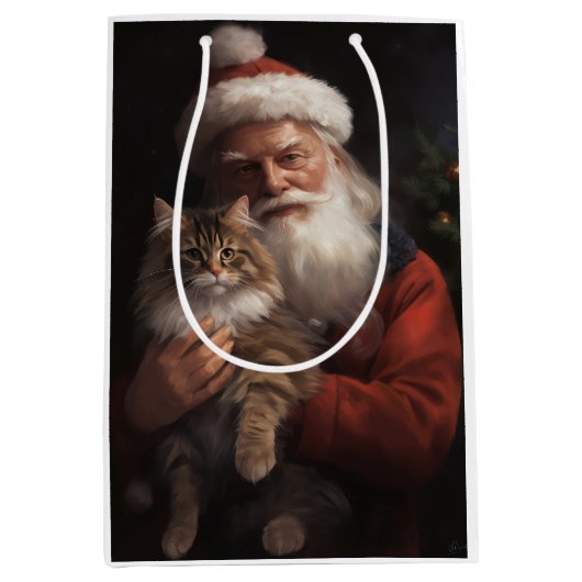 Maine Coon Met Sinterklaas Feestelijke Kerstmis Medium Cadeauzakje (Voorkant)