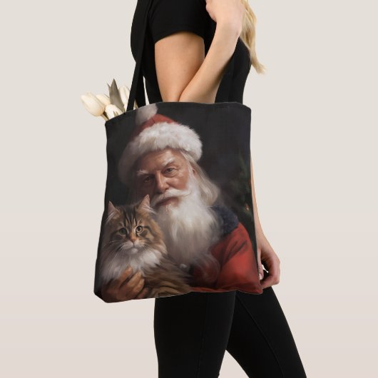 Maine Coon Met Sinterklaas Feestelijke Kerstmis Tote Bag (Dichtbij)