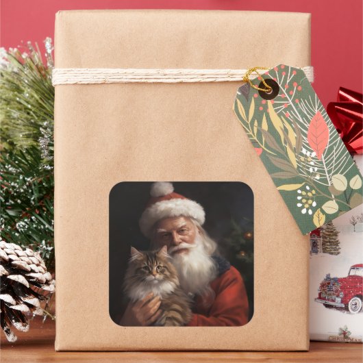 Maine Coon Met Sinterklaas Feestelijke Kerstmis Vierkante Sticker (Feestdagen)