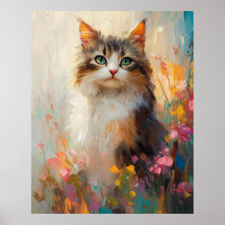 Maine Coon met smaragdgroene ogen in lentebloemen Poster