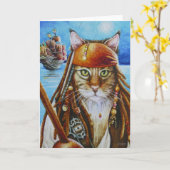 Maine Coon Pirate Cat Jack en Ship Waterverf Art Kaart (Gele Bloem)
