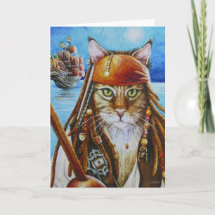 Maine Coon Pirate Cat Jack en Ship Waterverf Art Kaart