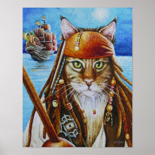 Maine Coon Pirate Cat Jack & Ship Waterverf 11x14 Poster (Voorkant)