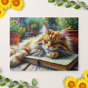 Maine Coon Sinaasappel Kat Slapen in een Tuin Legpuzzel